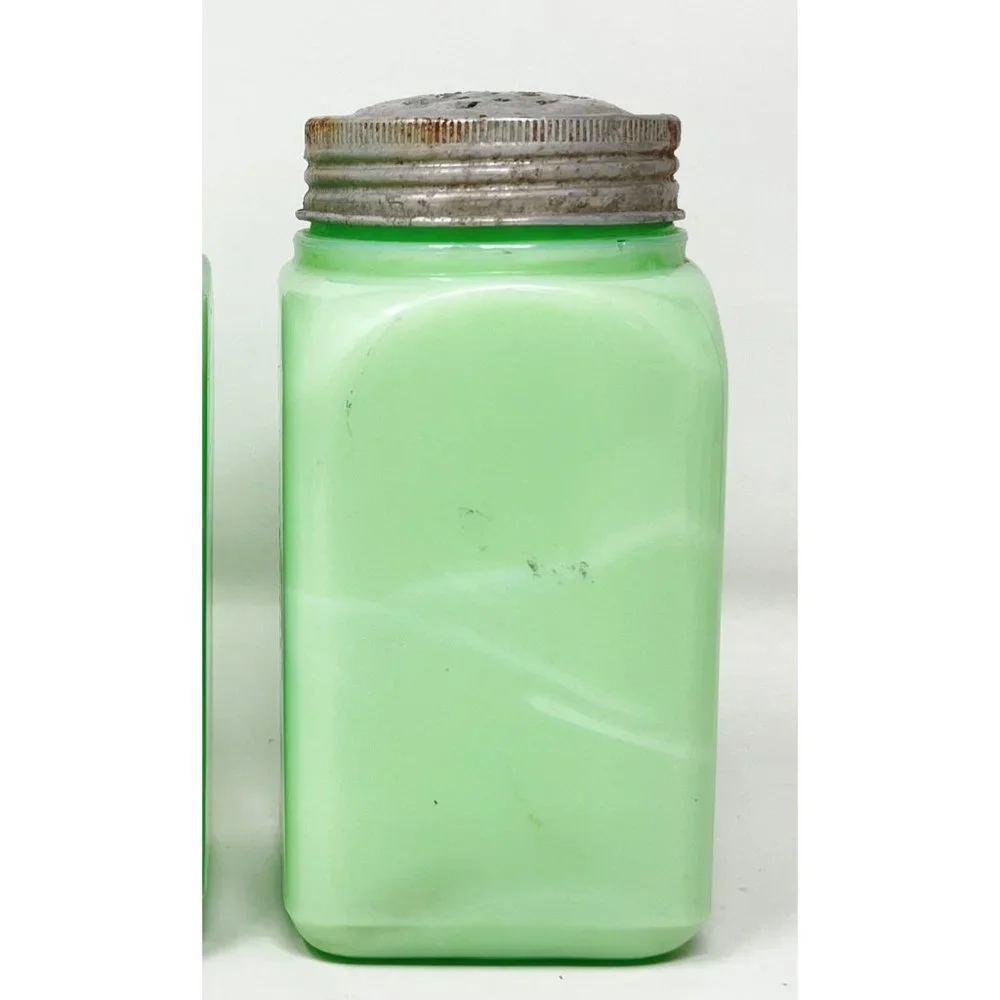McKee Jadite Uranium Large Letters Glass Salt Shaker - Damaged Lid Front Graphic